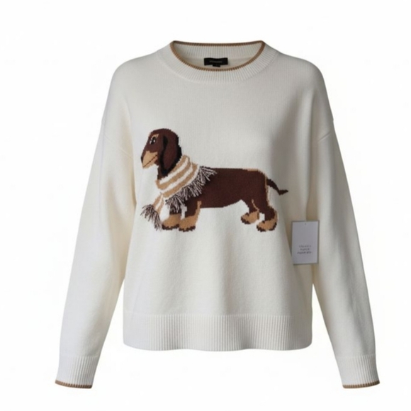Anthropology Dachshund Wearing Scarf Cream Intasia Knit Sweater Size Large - Picture 4 of 11